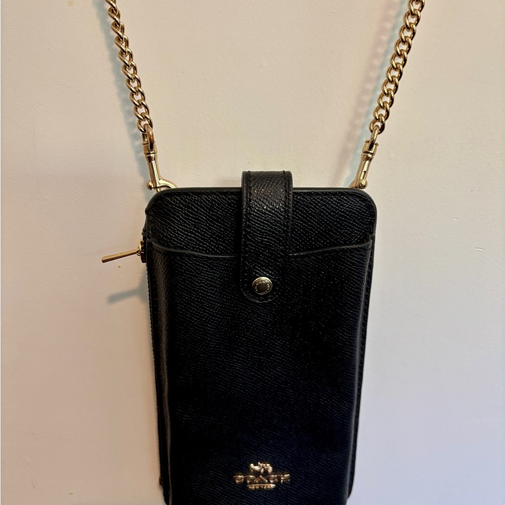 Coach Black Leather Crossbody with Gold Chain